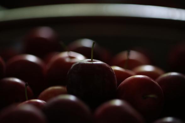 Plum fruits are piled in a bowl, the one on the top is standing vertically with its stem. It's dim and only edges of the fruits are bright.