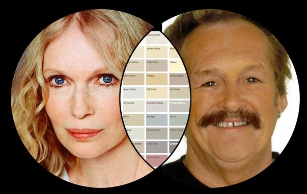 A Venn diagram of, on the left Mia Farrow, on the right Bobby Ball. In the middle is a paint swatch, a distinctive pallet associated with a particular paint manufacturor.