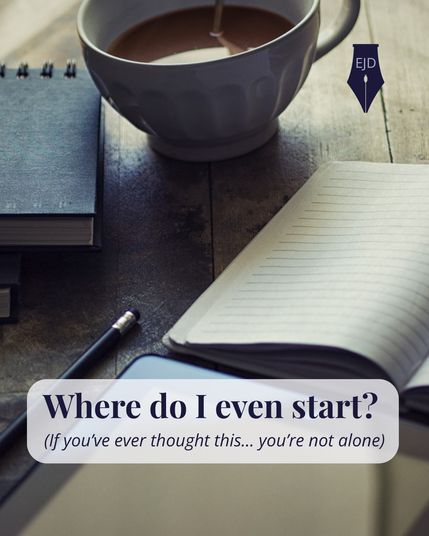 a desktop with a cup of coffee, an open notebook, pencil and ipad