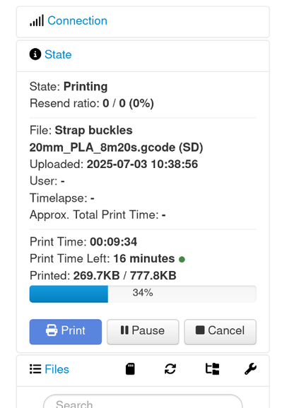 Screenshot of OctoPrint's state panel, showing a print from "SD" in progress. The progress bar sits at 34%.