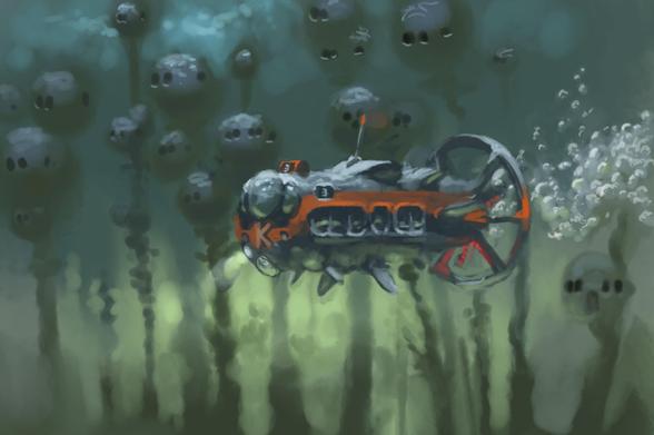 Digital painting of fantasy submarine amidst urbanized kelp forest