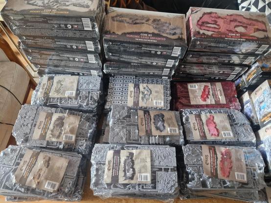 First half of all the stuff, sorted on a table. Lots of plastic sprues