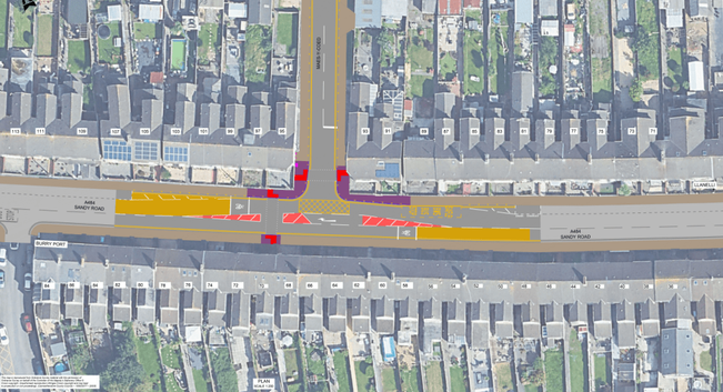 The proposed road layout on the A484 Sandy Road junction with Maes-y-Coed Road