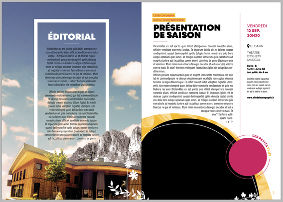 la page édito et une page de spectacle, en cours de montage, avec du texte de substitition