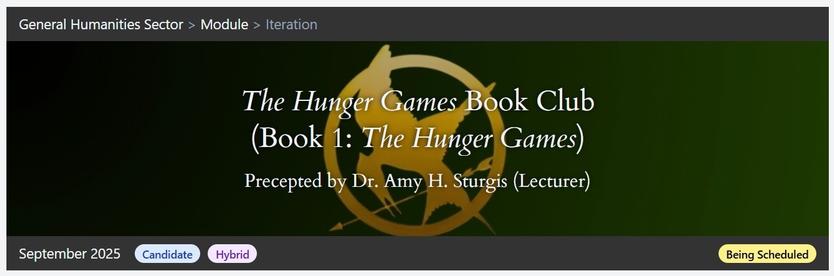 Pictured is the banner for The Hunger Games Book Club: Book 1: The Hunger Games from Signum University. The artwork depicts a Mockingjay pin.