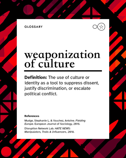Image description: Glossary entry titled “weaponisation of culture.” Explains how cultural identity is used as a tool for political conflict, discrimination, or suppressing dissent. Mentions Stephanie Mudge, Antoine Vauchez, and the Disruption Network Lab.