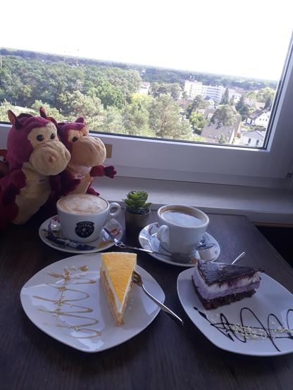 Mein Brudi und ich mit Kaffee und Kuchen vor einem Fenster mit Ausblick über einen grünen Wald.