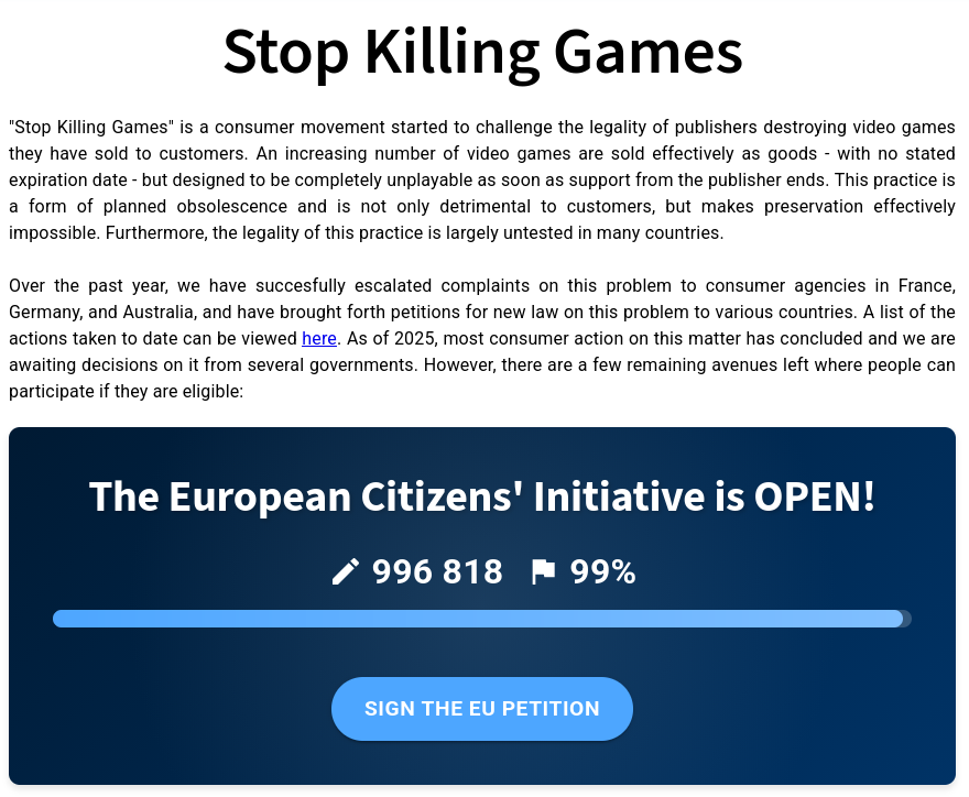 Stop Killing Games petition collected 996818 out of 1000000 signs, 99%