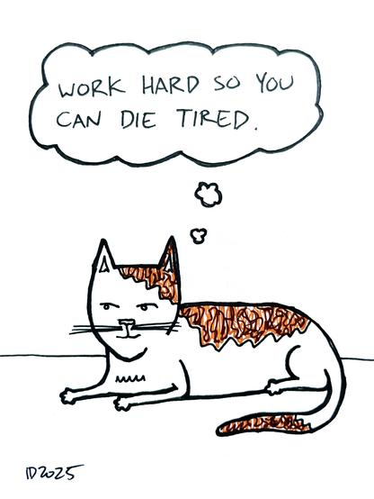 a cat with calico spots lays prone and thinks "work hard so you can die tired."