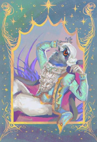 An anthropomorphic pigeon in elegant rococo clothes including a white wig, sitting down one hand dramatically resting against their forehead.
