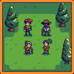 4 pixelart characters on a grassy background.