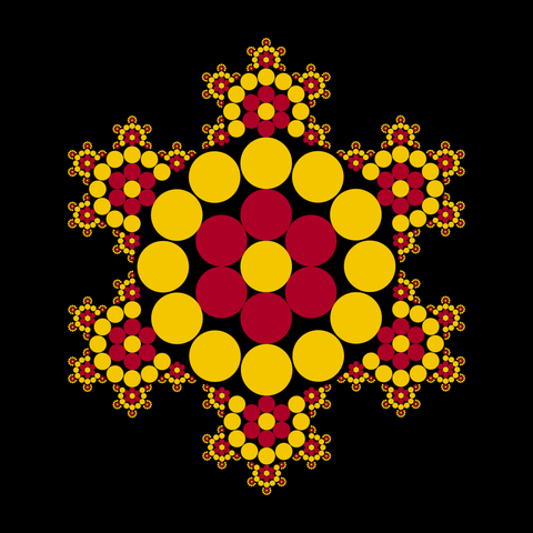 Fractal made with circles of decreasing sizes, with hexagonal symmetry. It has a flowery flavour.