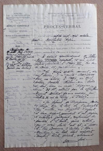 Procès verbal de déclaration de vol de tableaux de Picasso, convoyés depuis Perpignan sur le toit d'une voiture (1926) : première page