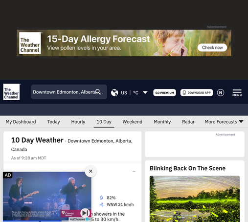 Image shows "10 Day Weather" for Downtown Edmonton, Alberta, Canada.

Top half of the page is reserved for ad-space but is used by only a small banner surrounded by dead space. The forecast is in the bottom-left quarter of the page, which is mostly all covered by a pop-up video, except for the title of "10 Day Weather". The bottom-right quarter of the page is filled with one empty ad space on top of another used ad spot.