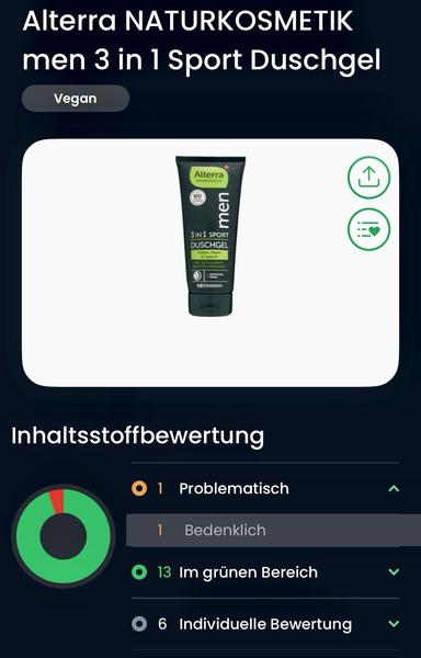 Das Bild zeigt eine Produktbewertung für das „Alterra NATURKOSMETIK men 3 in 1 Sport Duschgel“. Das Duschgel ist als vegan gekennzeichnet und auf dem Bild ist die Produktverpackung abgebildet.
Darunter befindet sich eine grafische Inhaltsstoffbewertung. Die Bewertung teilt die Inhaltsstoffe in verschiedene Kategorien ein:
- **1 problematisch**
- **1 bedenklich**
- **13 im grünen Bereich** (also unbedenklich)
- **6 individuelle Bewertung**
Ein Kreisdiagramm visualisiert, dass der Großteil der Inhaltsstoffe als unbedenklich („grüner Bereich“) eingestuft wird, nur ein kleiner Teil ist problematisch oder bedenklich. Das Design ist modern und übersichtlich gehalten, mit klaren Farbcodes zur schnellen Orientierung.