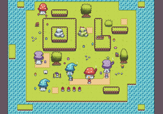 A pixel art scene of an island with mushrooms growing on it, surrounded by bright blue water.