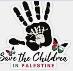 Poster of a hand, indicating "Stop," with butterflies in the colors of the Palestinian flag. Reads: Save the Children in Palestine