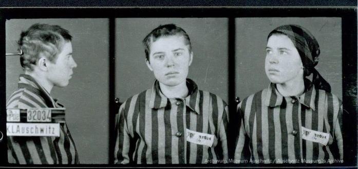 A mugshot registration photograph from Auschwitz. A woman wearing a striped uniform photographed in three positions (profile and front with a bare head and a photo with a slightly turned head with a headscarf on). The prisoner number is visible on a marking board on the left.