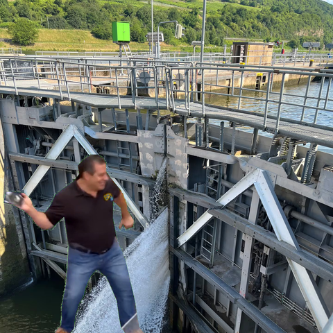 Schleusentor, aus dem Spalt in der Mitte fließt Wasser. Im Vordergrund Phil Swift mit Flex-Tape.