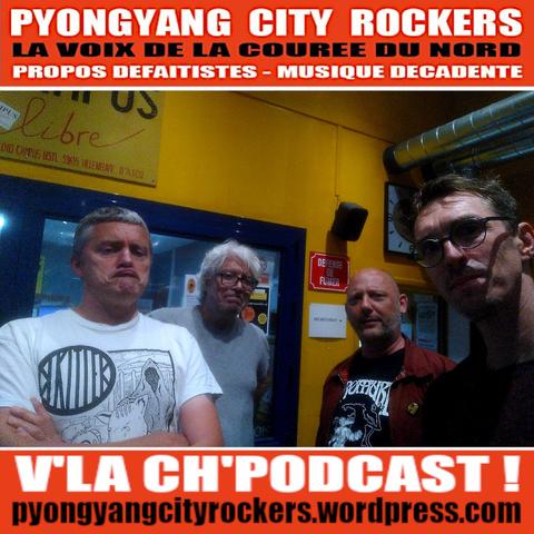 Flyer du podcast 395 de Pyongyang City Rockers. 
Quatre joyeux drilles dans le vent.