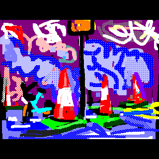 For the public's protection, a corner wall at a crosswalk, covered in graffiti, has been cordoned off behind three stripey traffic cones.