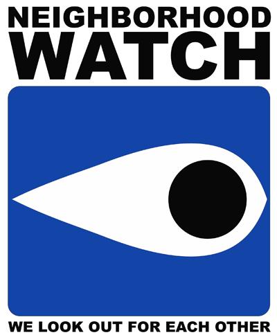 A sign featuring a large white illustrated eye on a blue background, with the text "neighborhood watch. we look out for each other"