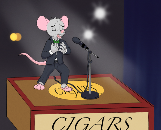 A mouse in a tuxedo suit with a green bowtie sings on a stage made from an old cigar box.