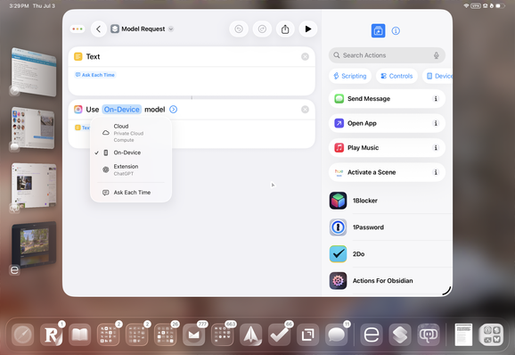 Apple Shortcuts reveals a model selectoid for LLM selection.