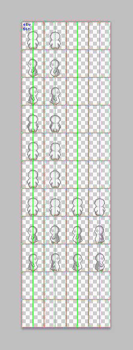 A tall, vertical sprite sheet containing pixel art of a small plinks character shown in profile. The sheet has a grid overlay with alternating green and red lines marking the boundaries and centers of each cell. Each row contains slightly different poses or positions for walking or idle movement. The character faces different directions in each row. The background is transparent, with a checkerboard pattern visible behind the sprites.