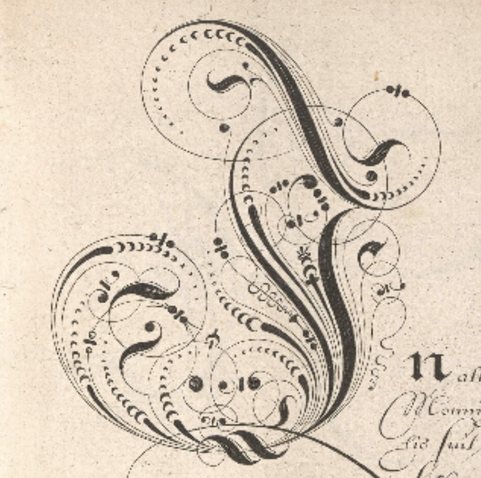 Inked capital letter I on paper. Black on white. Highly decorated strokes with docs, curlicues and extra lines.