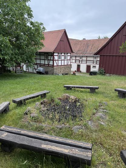 Sitzgruppe um die Feuerstelle im Garten des Museums