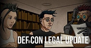 Image of the DEF CON characters poring over legal documents