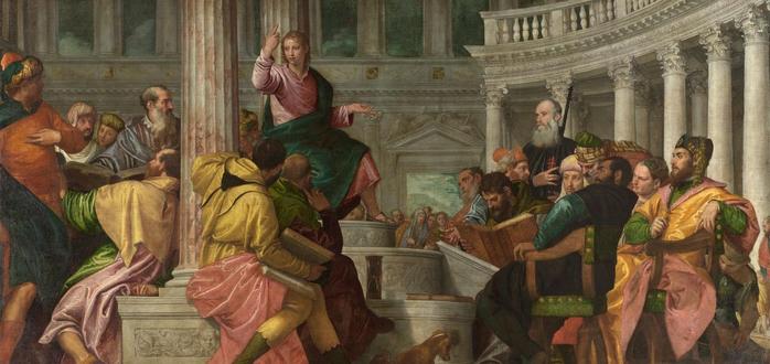 Veronese. Christ among the Doctors in the Temple. Ca. 1560. Oil on canvas. Madrid, Museo Nacional del Prado

Ein historisches Gemälde, das eine zentrale Figur darstellt, die auf einer Plattform sitzt und gestikuliert, während er eine vielfältige Gruppe von Zuhörern anspricht, darunter Männer in aufwendigen Roben und unterschiedlichen Gesichtsausdrücken. Die Szene zeigt klassische Architektur im Hintergrund, mit Säulen und großen Fenstern.