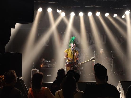 The singer plays guitar. she has a green mohawk and green spikes too, and a yellow shirt. the light looks like bars.