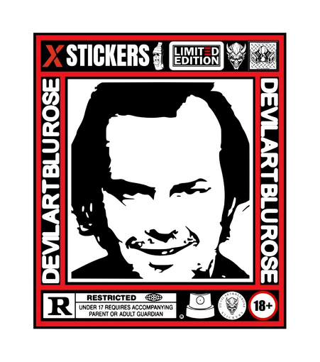 L'immagine mostra un adesivo con un design in stile stencil, caratterizzato da un'immagine in bianco e nero di un volto maschile. Il bordo dell'adesivo è rosso con il testo "X STICKERS" in alto a sinistra e "LIMITED EDITION" in alto al centro. Lungo i lati del bordo, si legge "DEVILART BLUROSE" in lettere bianche su sfondo nero. In basso, c'è un riquadro con la scritta "RESTRICTED" e "UNDER 17 REQUIRES ACCOMPANYING PARENT OR ADULT GUARDIAN" in bianco su sfondo nero, seguito da un simbolo di età "18+". In alto a destra, ci sono due piccoli simboli: uno di un teschio e uno di un design geometrico. L'adesivo è firmato con il logo "DEVILART BLUROSE" in basso a destra.