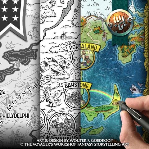 A composite image showing a closeup of the same map at three different stages of the creation process: sketching, inking and colouring.