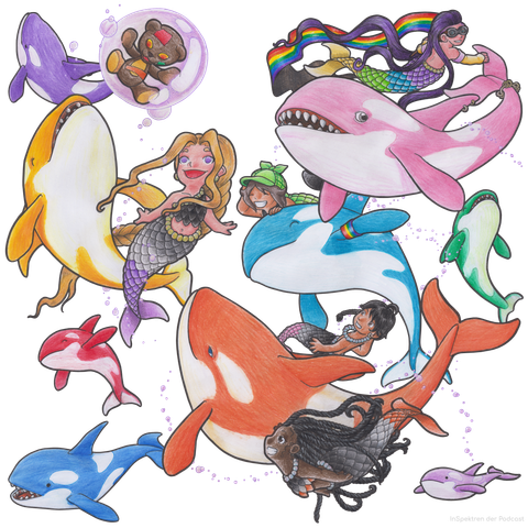 Zeichnung einer Gruppe von neun bunten Orcas, zwischen denen fünf Meermenschen schwimmen, deren Fischschwänze in den Farben folgender Pride-Flaggen gehalten sind: Asexualität (Schwarz, Grau, Weiß, Lila), Aromantik (Dunkelgrün, Hellgrün, Weiß, Grau, Schwarz), Aplatonik (Lila, Blau, Grün, Hellgelb), Anästhetik (Schwarz, Grau, Weiß, Rosa) und Asensualität (Schwarz, Grau, Weiß, Orange). Ein hellblauer Orca trägt an einer Flosse ein Band in Regenbogenfarben. Ein rosafarbener Orca hat eine gepiercte Rückenflosse und einen Ring um den Schwanz, an dem weitere Ringe befestigt sind. Die Meerperson, die sich an seiner Schwanzflosse festhält, hält in der anderen Hand eine lange wehende Regenbogenfahne. Oberhalb eines gelben Orcas treibt ein lebendiger Teddy in einer fliederfarbenen Luftblase. Der Hintergrund ist in zarten Regenbogenfarben gehalten. In der rechten unteren Ecke des Bildes steht "InSpektren der Podcast"
