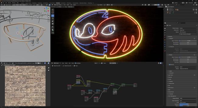A screenshot of Blender with a 3D build of the Sonic & Knuckles logo made to look like a neon sign against a brick wall. The grayscale 3D view, brick texture, and shader nodes are visible, along with the control panel for the neon Geometry Nodes setup.