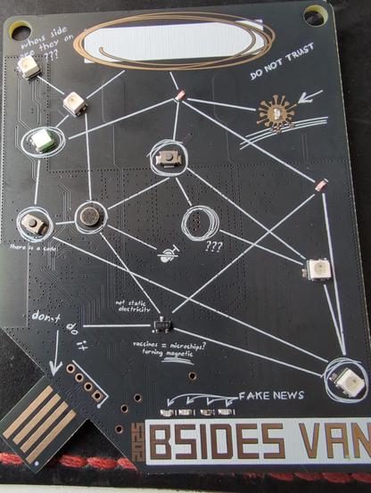 BSides Vancouver badge front. Electronic badge with led lights and some connectors.
