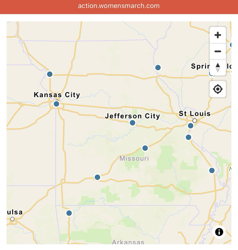 Map showing “Free America” protest locations being held in Missouri during the July 4th Weekend of 2025.
