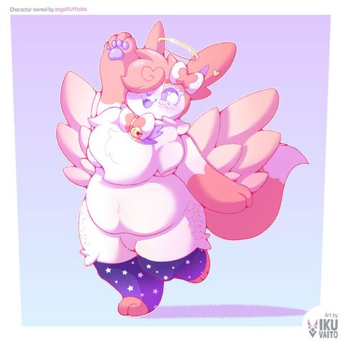 A chubby anthropomorphic Sylveon with angel wings and halo.