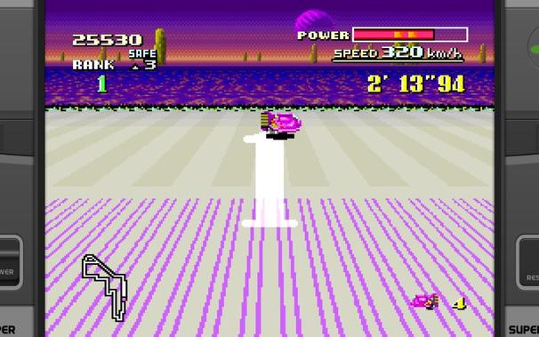 The scene is set in a dark space with a purple hue, suggesting it might be nighttime. In the center of the frame, theres an anti-gravity racing machine, which appears to be white and red in color, positioned as if its in motion on a track. There are no visible characters or enemies, but there is a power gauge at the top left corner indicating the vehicles energy level at 25 full. The UI elements include a speedometer showing 108 mph and a timer displaying 0:02 minutes, suggesting an ongoing race with the time counting down.
