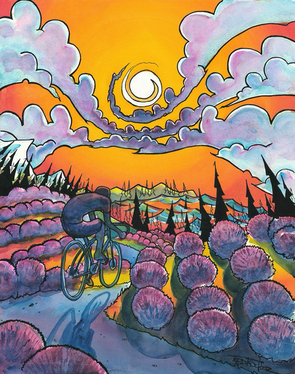Deep purple cyclist rides a path through vibrantly colored lavender fields with tall dark green trees and an orange sky with swirly white, blue, and purple clouds.