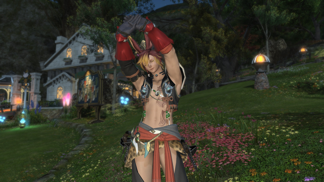 ffxiv gpose: my character, elja, in his new auburn hair with gold-blonde hair highlights, stretching while (mostly) in the pacifist monk set