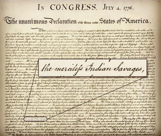 An image of the declaration of independence, dated July 4, 1776. A section is magnified, highlighting the phrase "the merciless Indian Savages," reflecting the only time y'all didn't rewrite history to hide all that white supremacy.