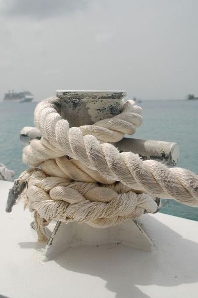 Ein festgemachtes, weißes Schiffstau in einem Hafen,
im Hintergrund Meer und Schiffe
(Foto Pinterest ohne weitere Angaben)