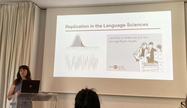 Anne presenting a slide that shows a meme of two people reading cards from a filing cabinet and the lettering "..and this is where we put the non-significant results."