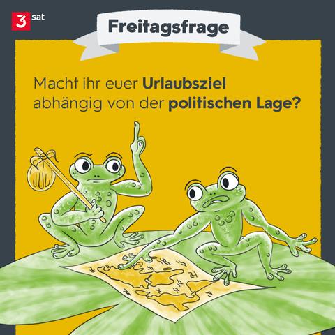 Zwei grüne Frösche sitzen auf einem großen Blatt und diskutieren über eine ausgebreitete Weltkarte. Einer der Frösche zeigt mahnend mit dem Finger nach oben, der andere blickt skeptisch auf die Karte und streckt den Arm aus, als wolle er ein Reiseziel festlegen. Über ihnen steht die Frage: „Macht ihr euer Urlaubsziel abhängig von der politischen Lage?“ Die Szene ist in comicartigem Stil illustriert. Im Hintergrund dominiert ein kräftiges Gelb, das die Diskussion in den Fokus rückt – zwischen ethischer Verantwortung und bequemem Tourismus.

Bildbeschreibung – English:
Two green frogs sit on a large leaf, debating over a spread-out world map. One frog raises a cautionary finger, while the other looks uncertainly at the map, reaching out as if to choose a travel destination. Above them is the question: “Do you choose your holiday destination based on the political situation?” The scene is illustrated in a cartoon style. A bold yellow background emphasizes the contrast between ethical awareness and convenience-driven tourism.🖖