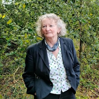 Baroness Jenny Jones.  Blue jacket, light blouse and neck scarf, hands in pocket, looking casual.