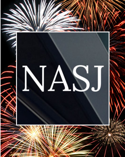 The logo of the New American Studies Journal, a black and grey square with the letters NASJ, in front of a black sky with lots of colourful fireworks